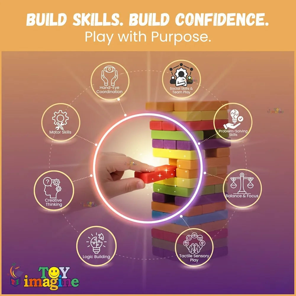 Imagine 54 Pcs Colorful Wooden Building Blocks for Boys & Girls Ages 7-14 | Montessori Stacking Tower Game for Enhanced Cognitive Development & Hours of Fun