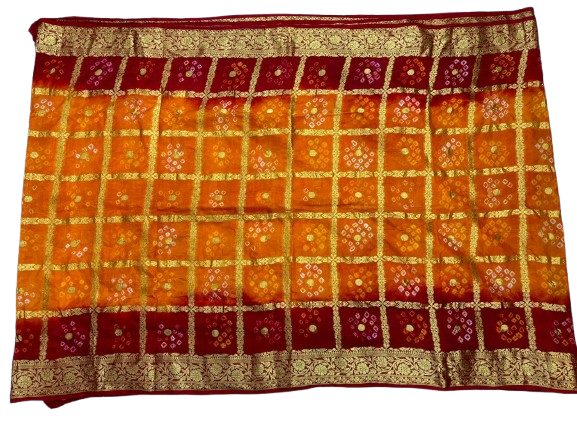 AMIT ENTERPRISES Handcrafted Bandhani Gharchola Silk Saree – Orange & Red Double Chakkar Design with Coin Patterns | 6 Meters with Running Blouse