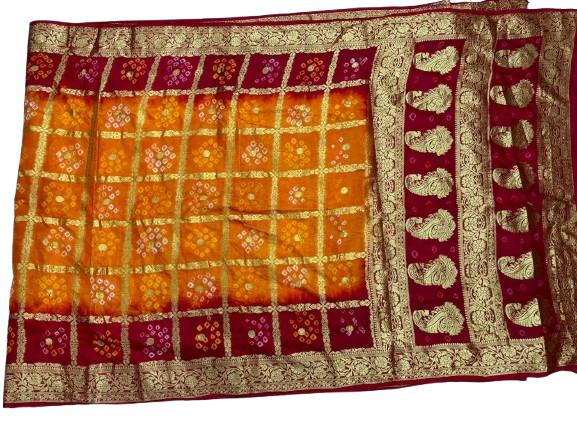 AMIT ENTERPRISES Handcrafted Bandhani Gharchola Silk Saree – Orange & Red Double Chakkar Design with Coin Patterns | 6 Meters with Running Blouse