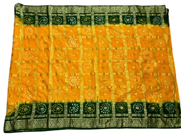 AMIT ENTERPRISES Handcrafted Bandhani Gharchola Silk Saree – Yellow & Bottle Green Double Chakkar Design with Coin Patterns | 6 Meters with Running Blouse