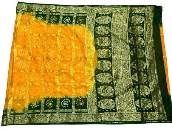 AMIT ENTERPRISES Handcrafted Bandhani Gharchola Silk Saree – Yellow & Bottle Green Double Chakkar Design with Coin Patterns | 6 Meters with Running Blouse