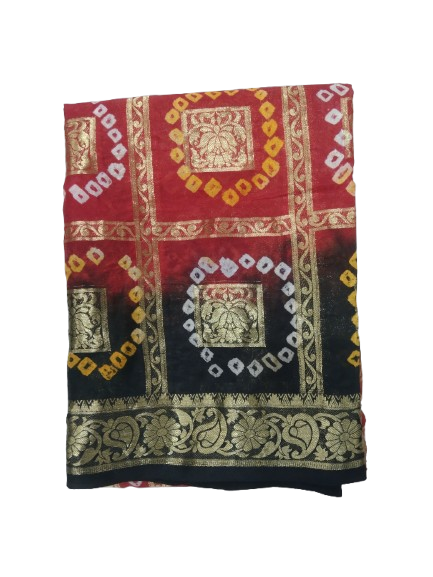 AMIT ENTERPRISES Women’s Rajasthani Bandhej Art Silk Gharchola Kamal Ki Saree – Red & Black | 6 Meters with Running Blouse