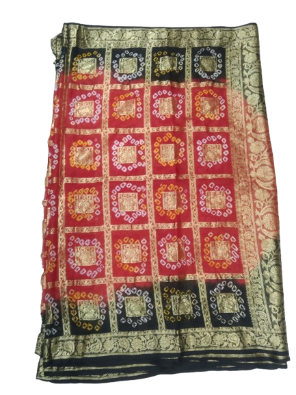 AMIT ENTERPRISES Women’s Rajasthani Bandhej Art Silk Gharchola Kamal Ki Saree – Red & Black | 6 Meters with Running Blouse