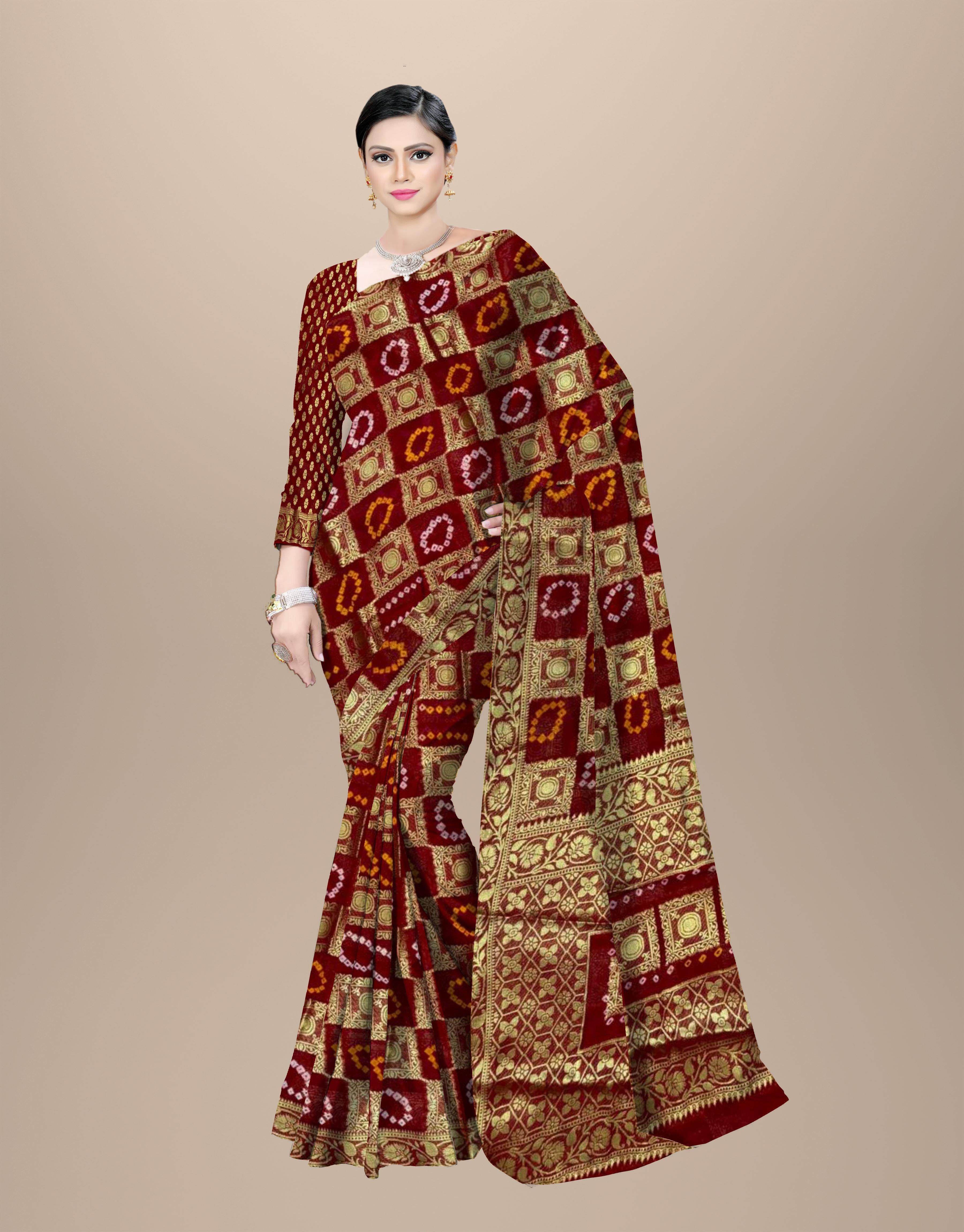 AMIT ENTERPRISES Designer Red Georgette Saree – Box Design with Handcrafted Gharchola Jaipuri Bandhani Work, 6.10 Meters with Running Blouse