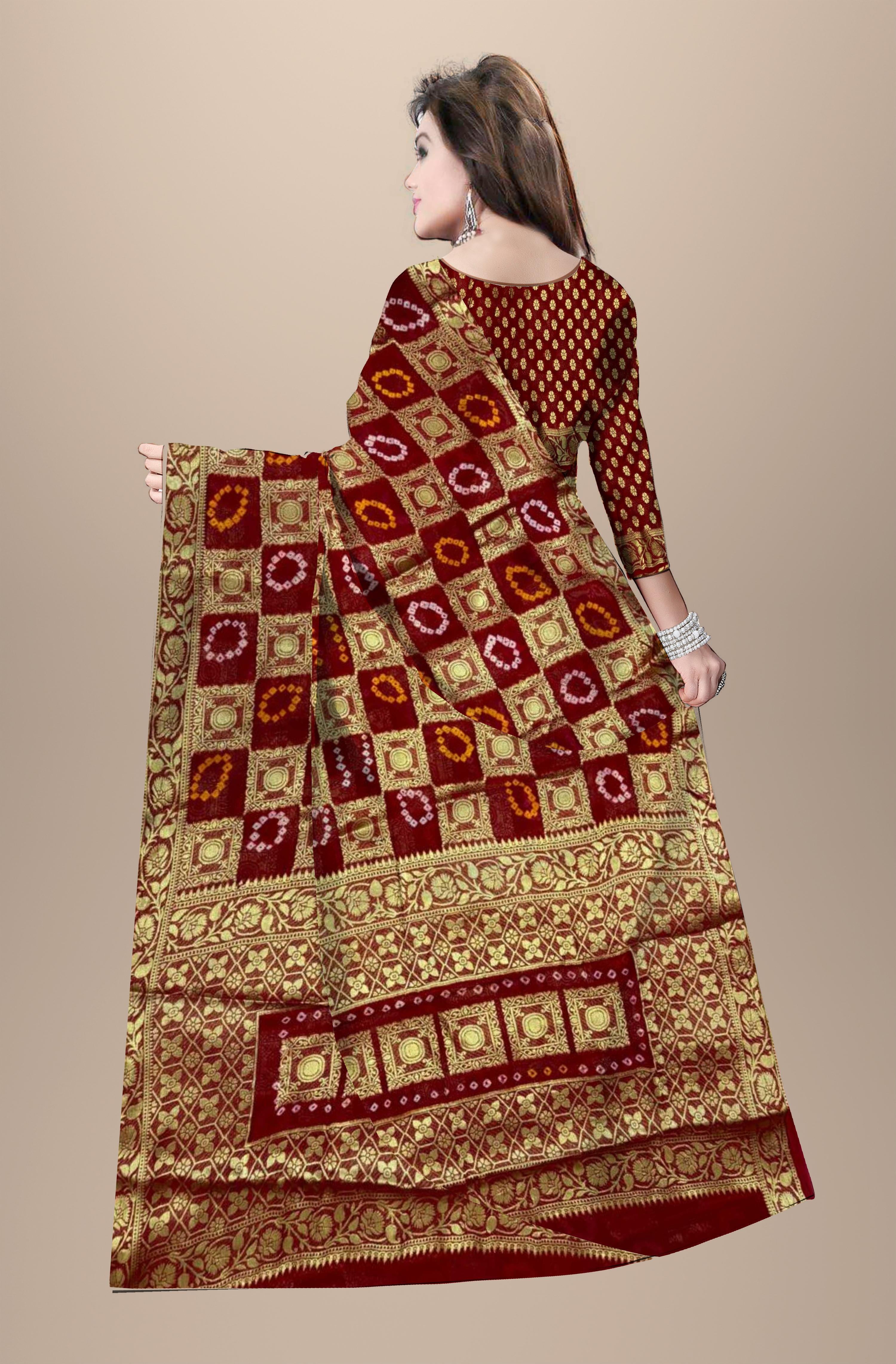 AMIT ENTERPRISES Designer Red Georgette Saree – Box Design with Handcrafted Gharchola Jaipuri Bandhani Work, 6.10 Meters with Running Blouse