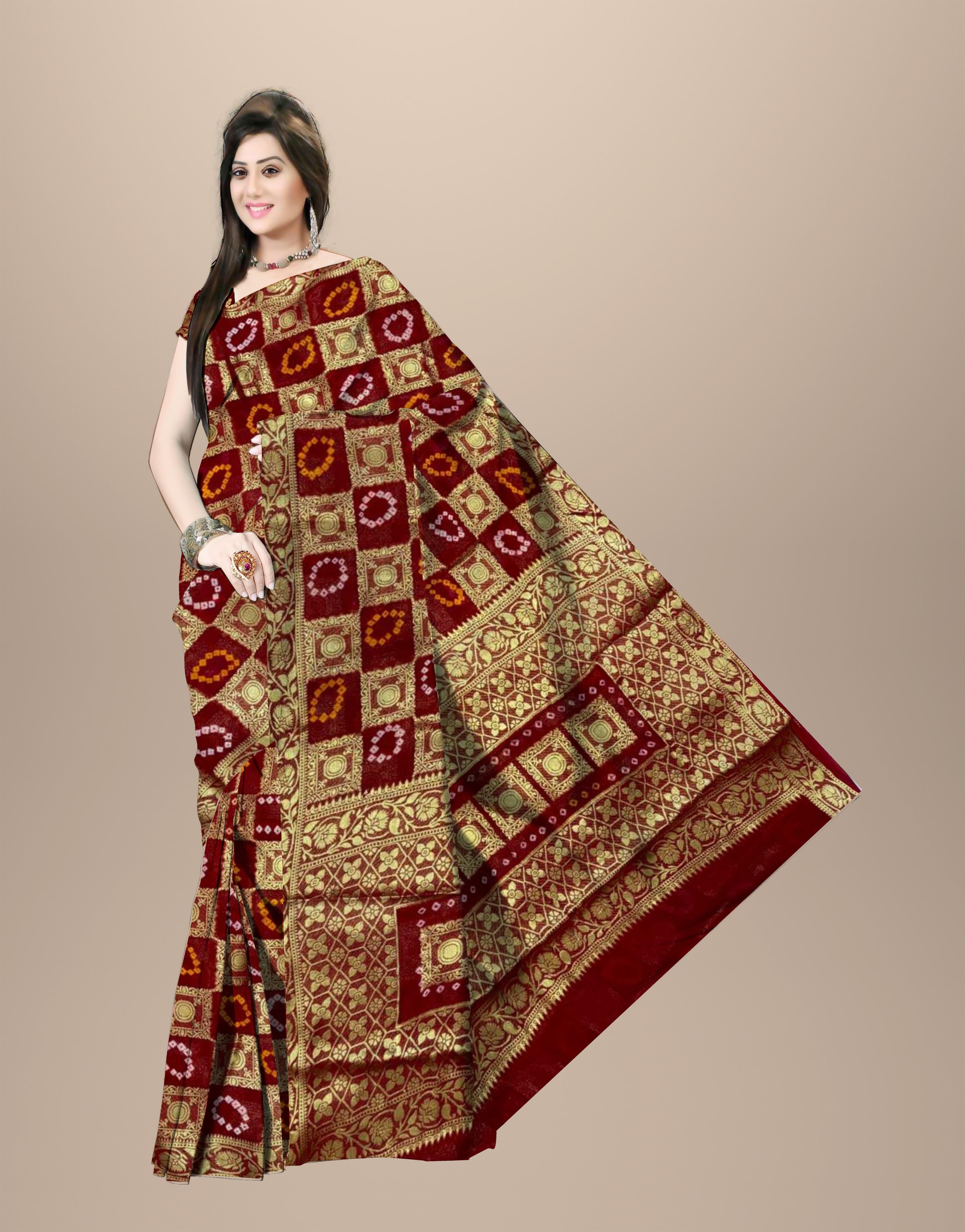 AMIT ENTERPRISES Designer Red Georgette Saree – Box Design with Handcrafted Gharchola Jaipuri Bandhani Work, 6.10 Meters with Running Blouse