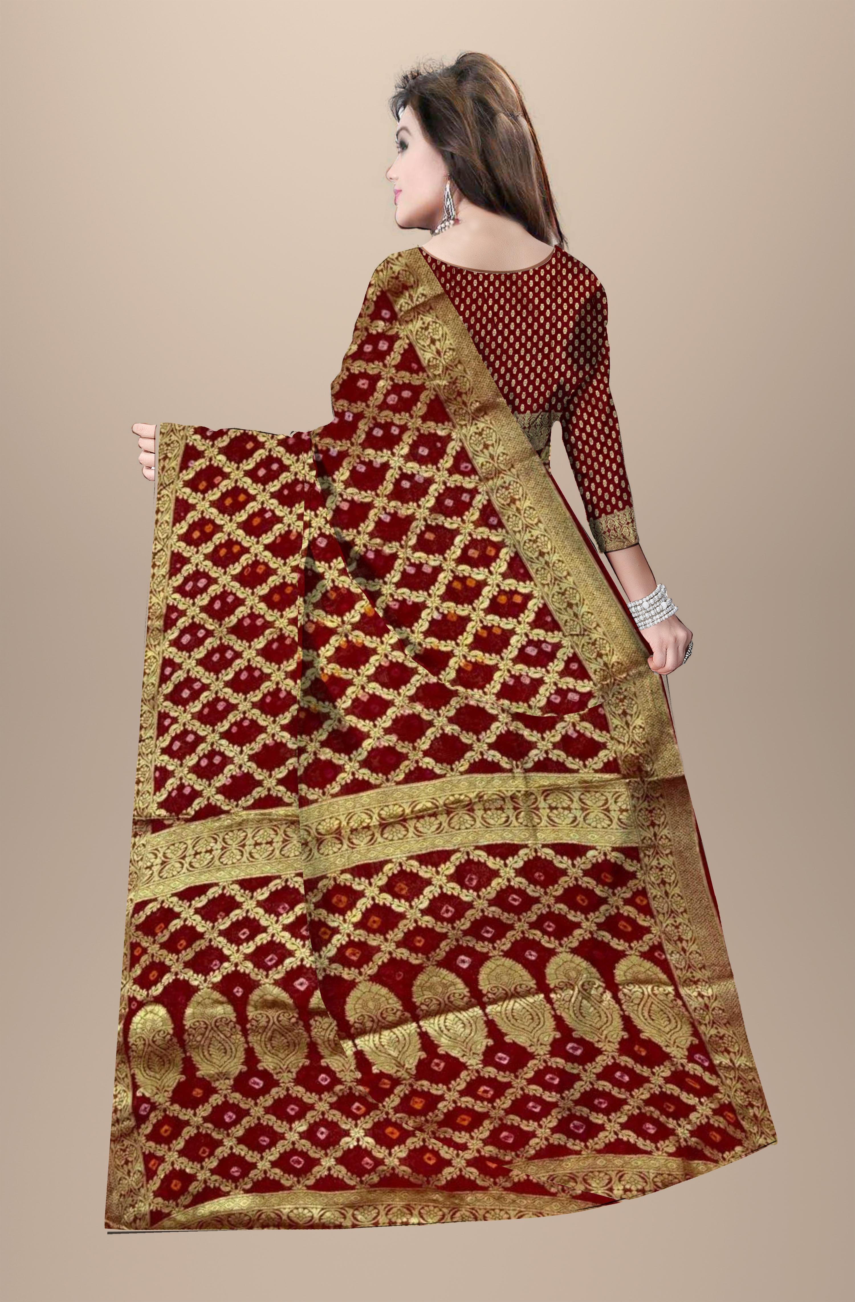 AMIT ENTERPRISES Designer Red Georgette Saree – Bel Design with Handcrafted Gharchola Jaipuri Bandhani Work, 6.10 Meters with Running Blouse