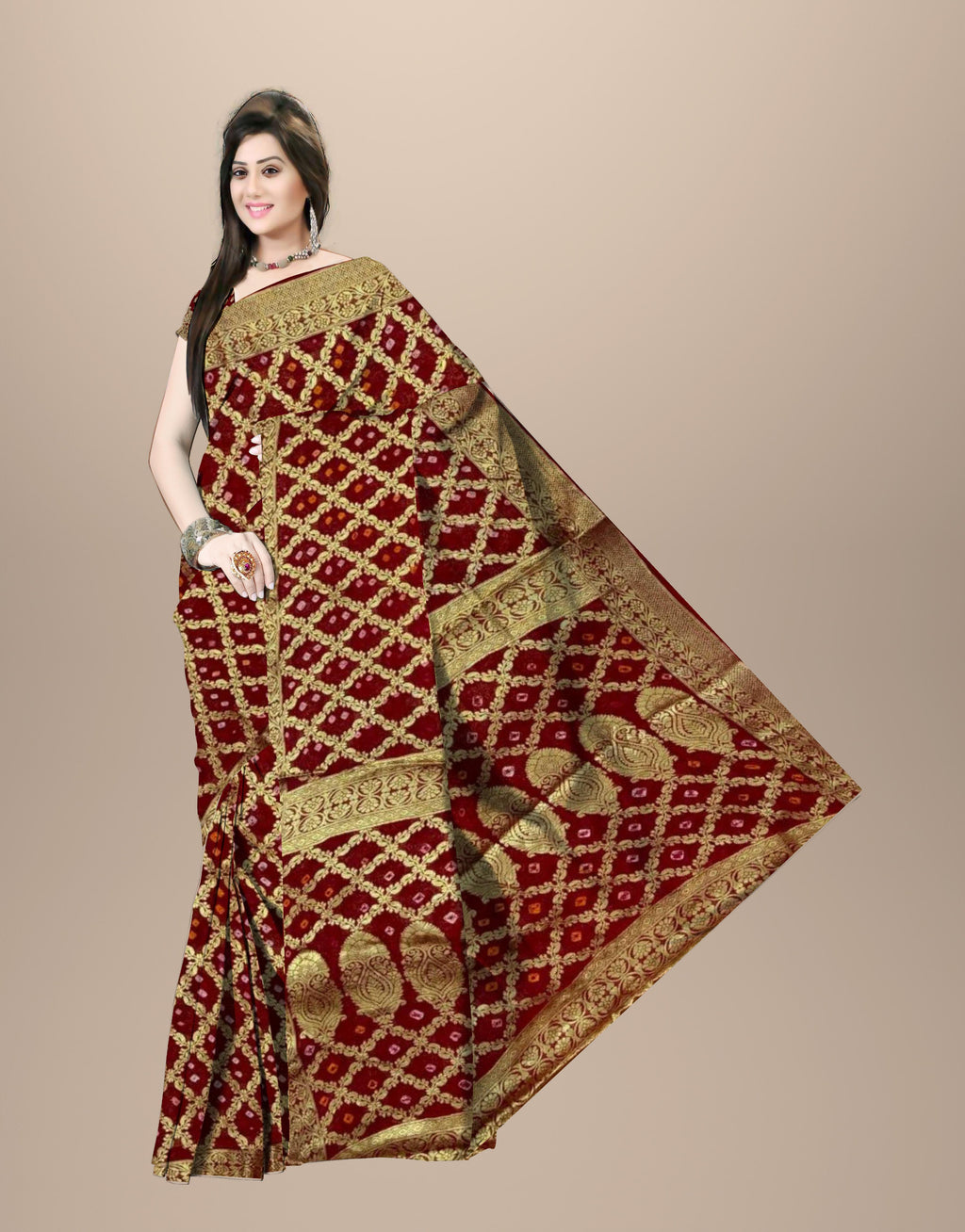 AMIT ENTERPRISES Designer Red Georgette Saree – Bel Design with Handcrafted Gharchola Jaipuri Bandhani Work, 6.10 Meters with Running Blouse