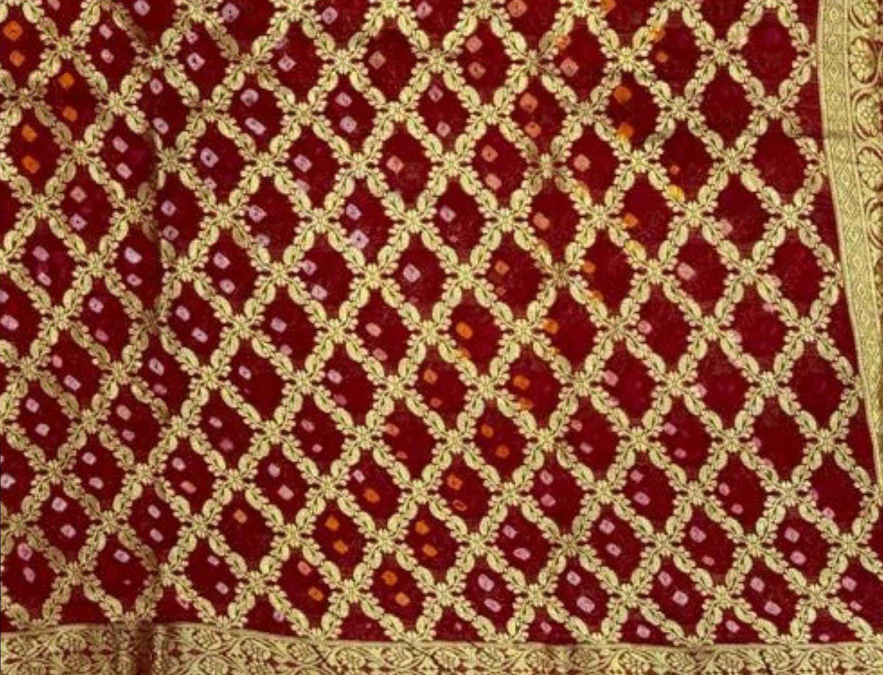 AMIT ENTERPRISES Designer Red Georgette Saree – Bel Design with Handcrafted Gharchola Jaipuri Bandhani Work, 6.10 Meters with Running Blouse