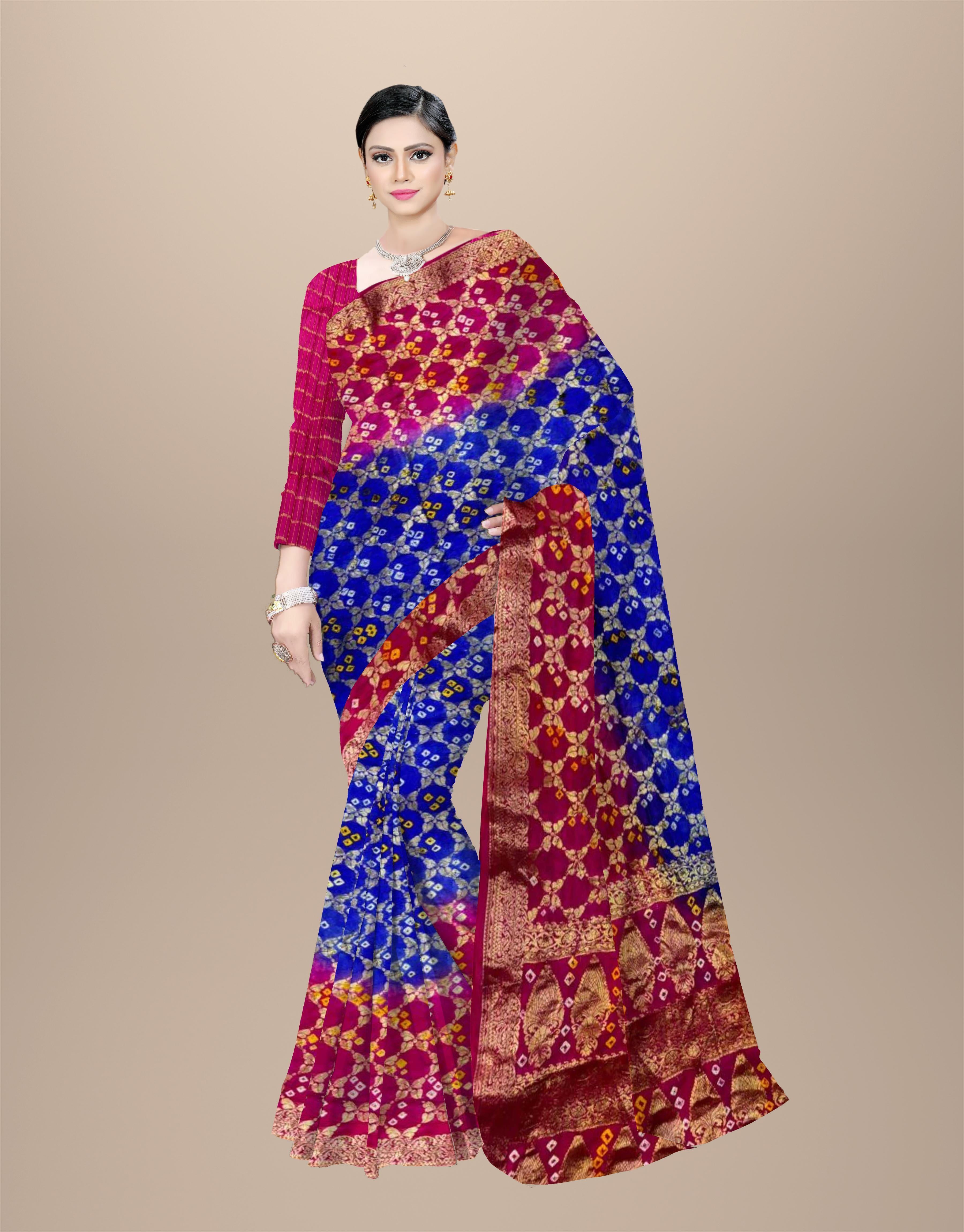 Shree Radhavallabhji Sarees Women’s Rajasthani Bandhej Art Silk Gharchola Pattijaal Saree – Traditional Bandhani Bandhej Saree for Women & Girls, Blue & Pink, 6.10 Meters with Separate Blouse