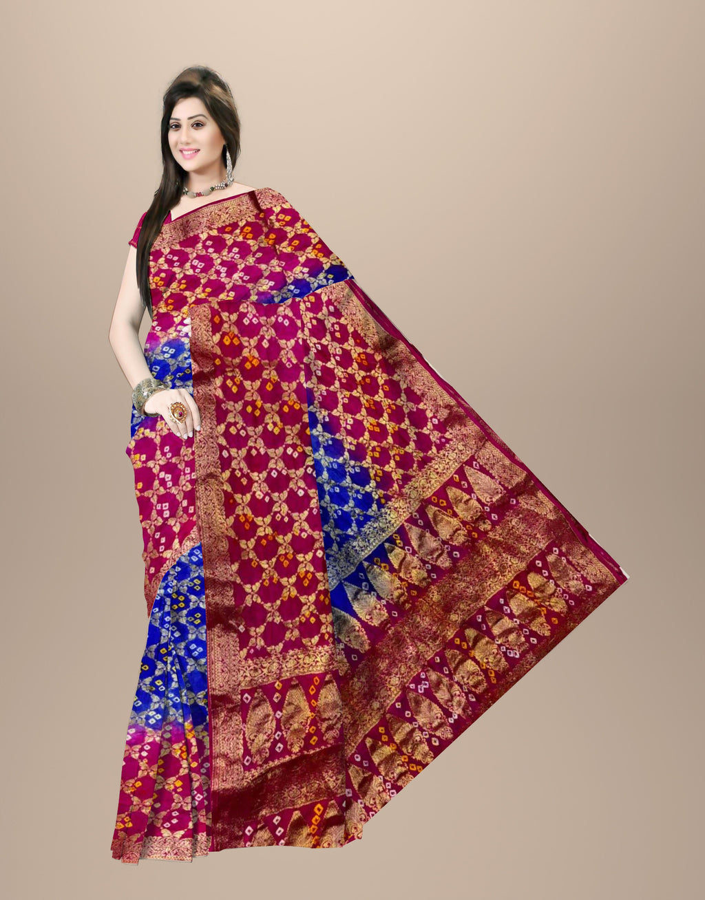 Shree Radhavallabhji Sarees Women’s Rajasthani Bandhej Art Silk Gharchola Pattijaal Saree – Traditional Bandhani Bandhej Saree for Women & Girls, Blue & Pink, 6.10 Meters with Separate Blouse