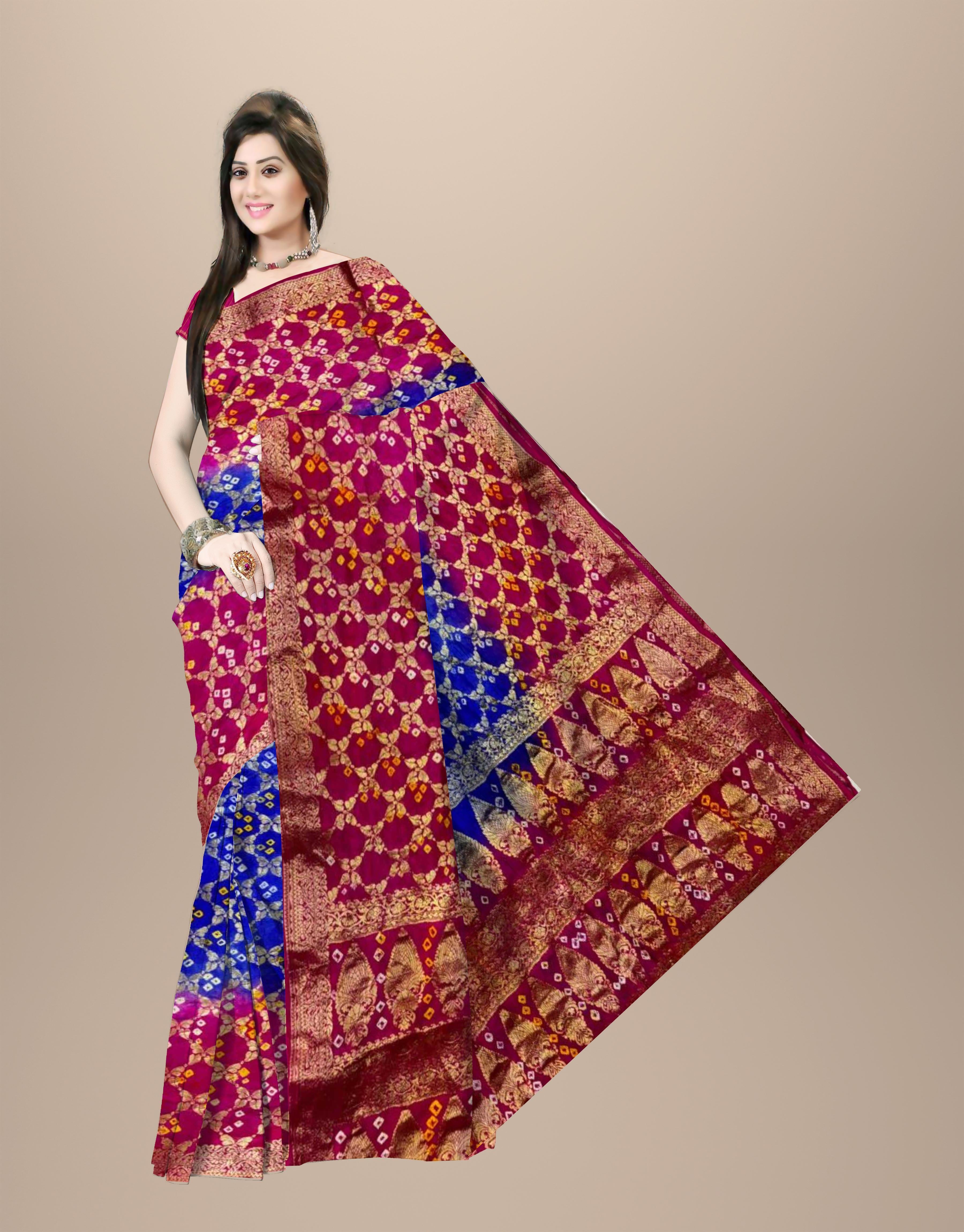 Shree Radhavallabhji Sarees Women’s Rajasthani Bandhej Art Silk Gharchola Pattijaal Saree – Traditional Bandhani Bandhej Saree for Women & Girls, Blue & Pink, 6.10 Meters with Separate Blouse
