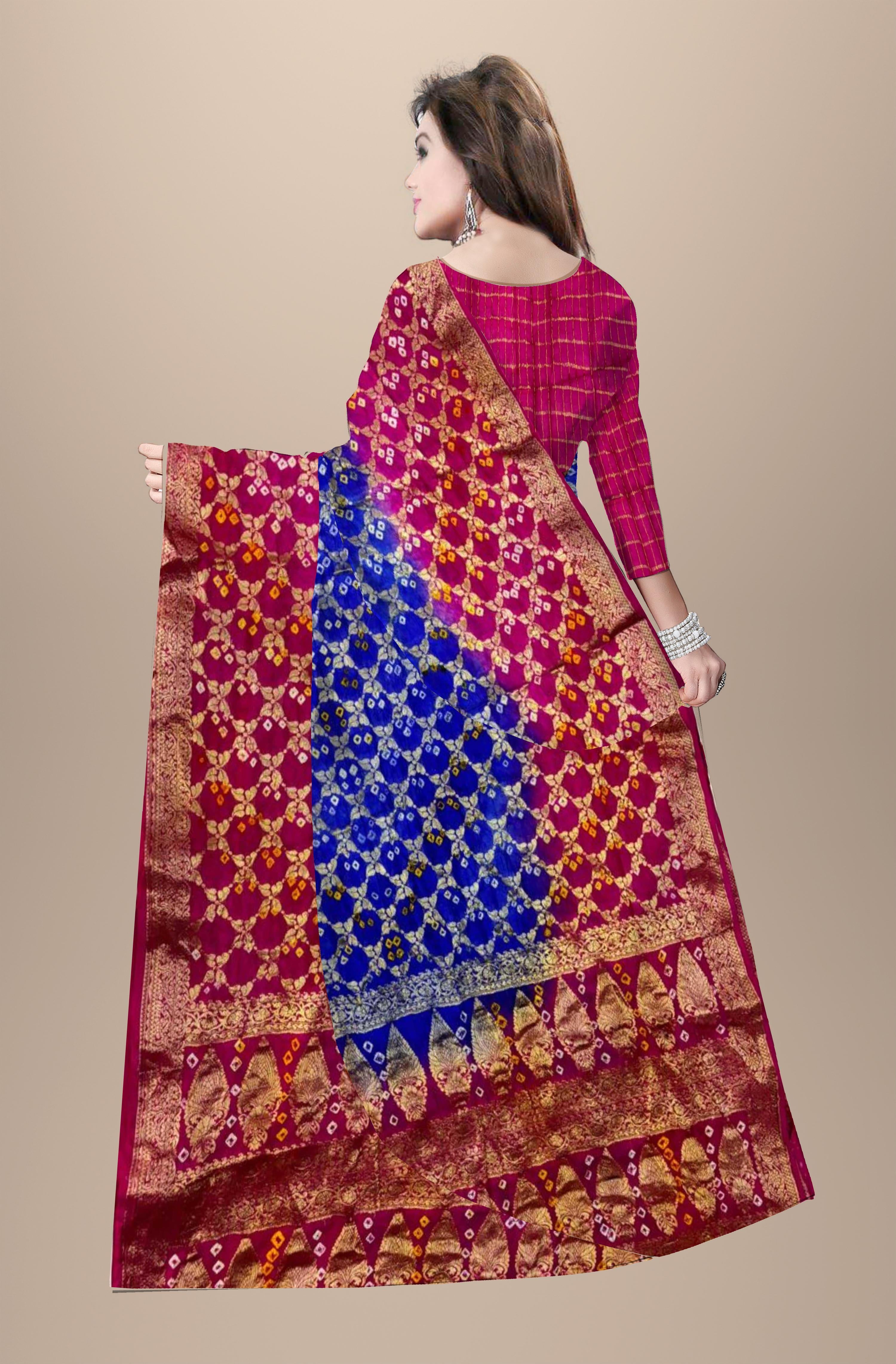 Shree Radhavallabhji Sarees Women’s Rajasthani Bandhej Art Silk Gharchola Pattijaal Saree – Traditional Bandhani Bandhej Saree for Women & Girls, Blue & Pink, 6.10 Meters with Separate Blouse