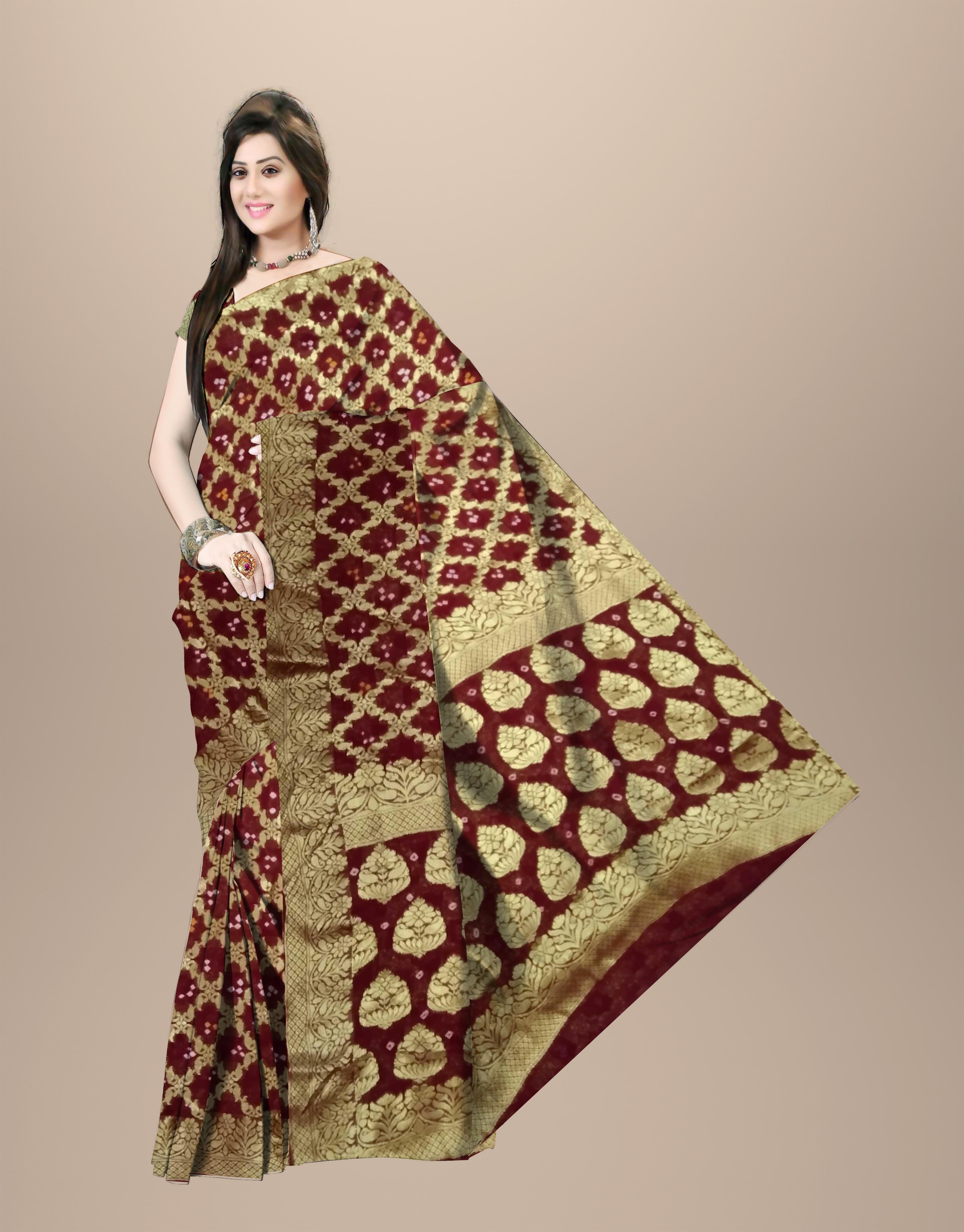 AMIT ENTERPRISES Designer Maroon Viscose Georgette Saree – Keri Design with Handcrafted Gharchola Jaipuri Bandhani Work, 6.10 Meters with Running Blouse