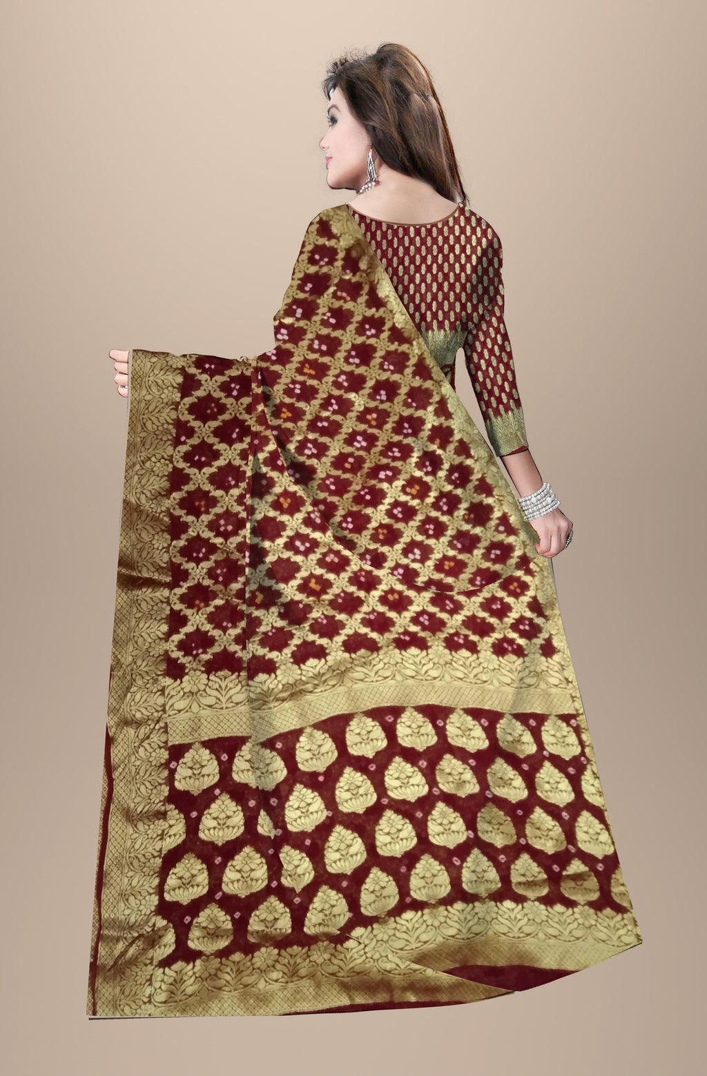 AMIT ENTERPRISES Designer Maroon Viscose Georgette Saree – Keri Design with Handcrafted Gharchola Jaipuri Bandhani Work, 6.10 Meters with Running Blouse