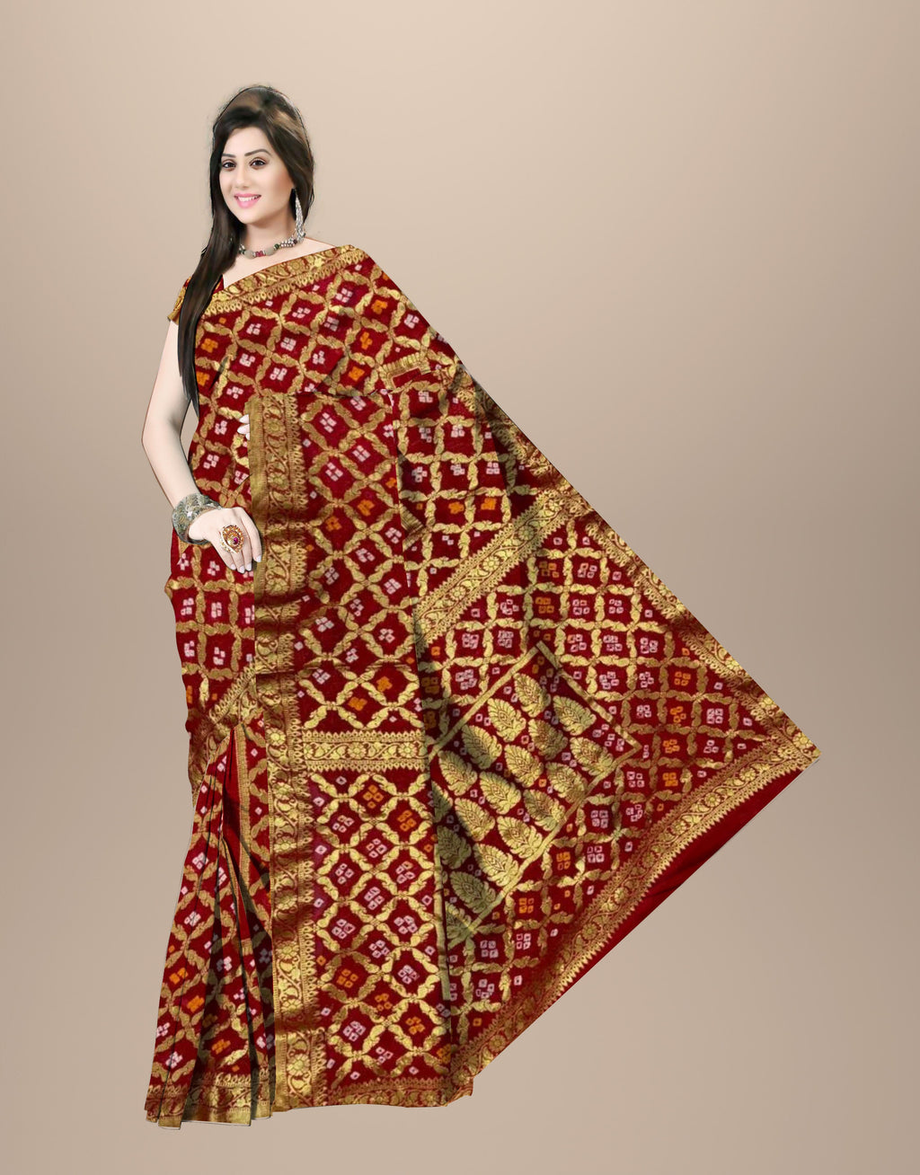 AMIT ENTERPRISES Designer Red Georgette Saree – Rectangle Box Design with Handcrafted Gharchola Jaipuri Bandhani Work, 6.10 Meters with Running Blouseuct