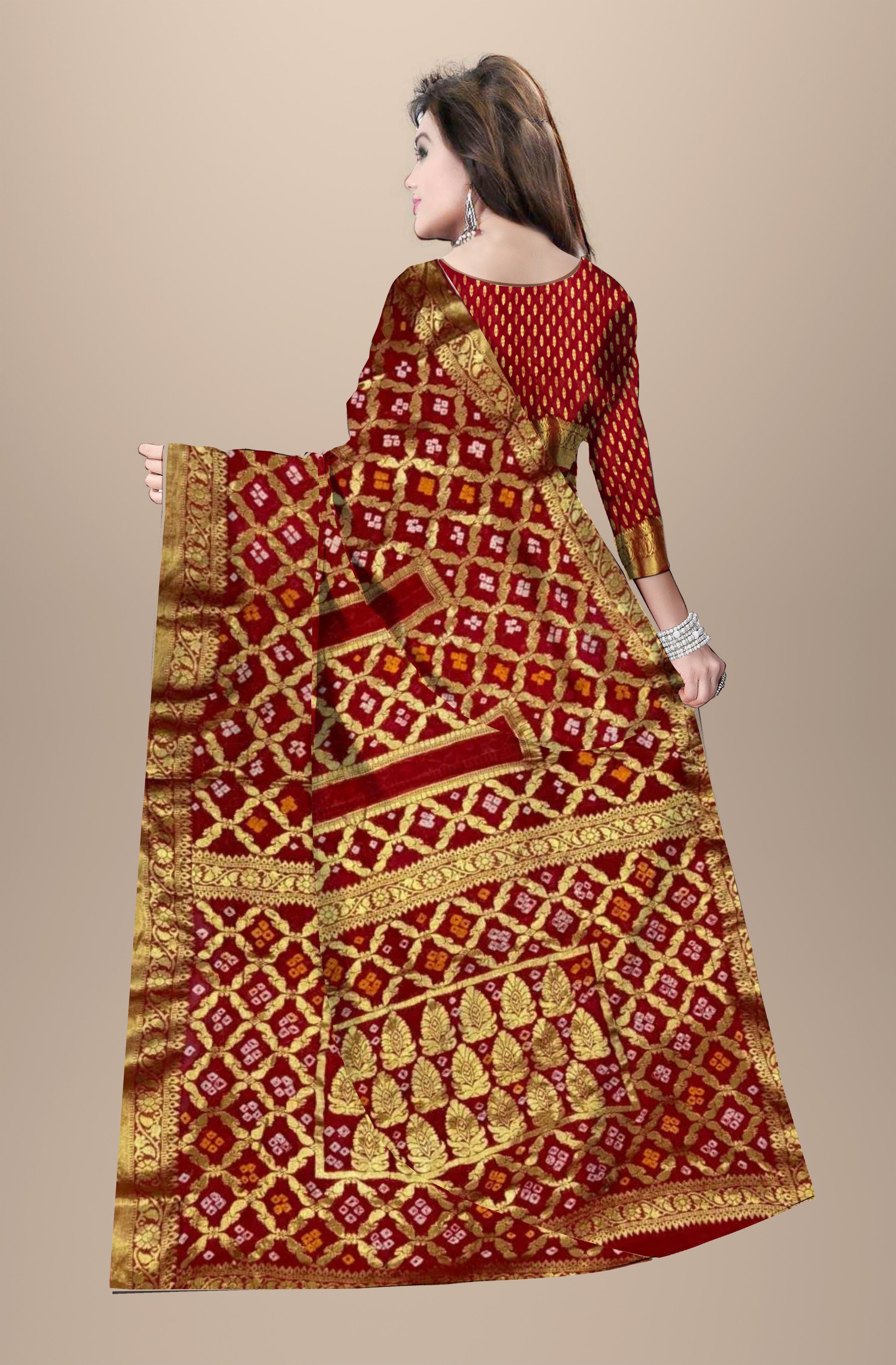 AMIT ENTERPRISES Designer Red Georgette Saree – Rectangle Box Design with Handcrafted Gharchola Jaipuri Bandhani Work, 6.10 Meters with Running Blouseuct