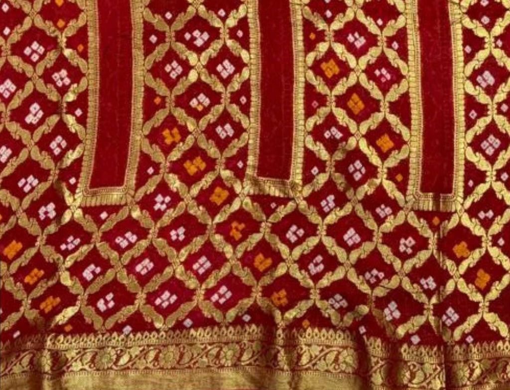 AMIT ENTERPRISES Designer Red Georgette Saree – Rectangle Box Design with Handcrafted Gharchola Jaipuri Bandhani Work, 6.10 Meters with Running Blouseuct