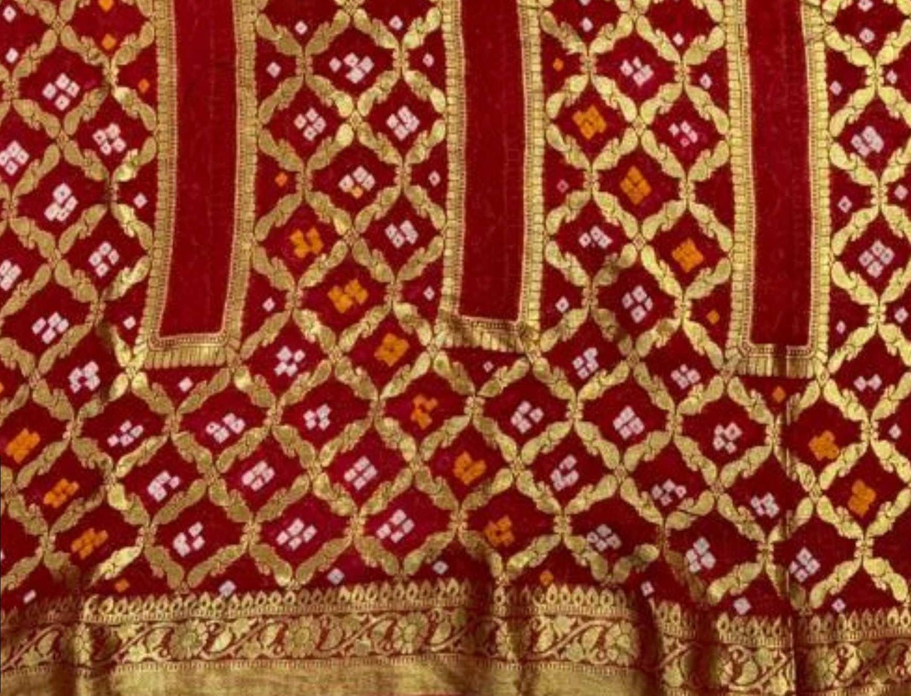 AMIT ENTERPRISES Designer Red Georgette Saree – Rectangle Box Design with Handcrafted Gharchola Jaipuri Bandhani Work, 6.10 Meters with Running Blouseuct