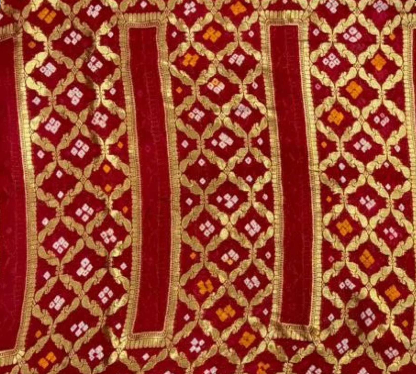 AMIT ENTERPRISES Designer Red Georgette Saree – Rectangle Box Design with Handcrafted Gharchola Jaipuri Bandhani Work, 6.10 Meters with Running Blouseuct